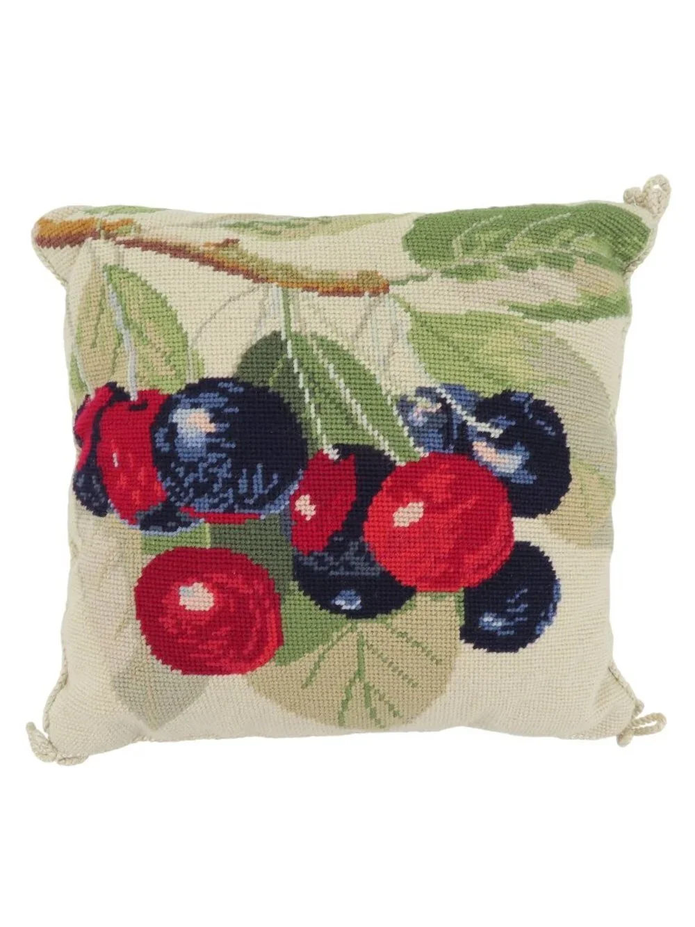 Needlepoint Cherries Blue Red Cord Trimmed Accent Throw Pillow Wool Country Farm